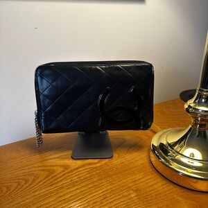 Chanel Black Calfskin Cambon Long Zip Wallet w/ Pink Interior.